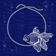 Frame with rope and fish on blue background N2