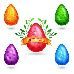 Set of color shiny eggs Ribbon with text Happy Easter N2