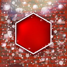 Brick wall with bright red label and fall of snow