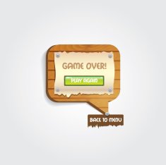 game over wooden bubble message with play and menu buttons