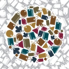 Sale tags icon set with seamless pattern in background vector