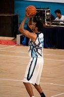 player throws a ball into a ring in basketball