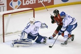 hockey players score a puck