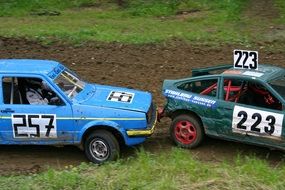 green and blue racing cars