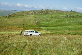 white jeep on a green slope