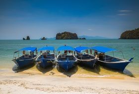 blue tourist boats on the beach