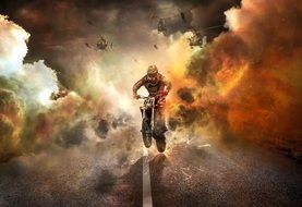 man riding motorcycle in jump on road, collage