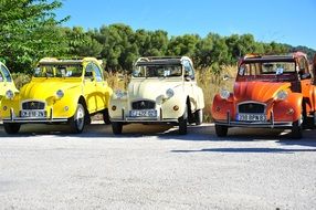 multi-colored retro cars Citroen C 3 at the exhibition