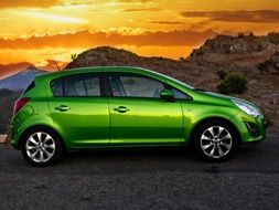 green auto at sunset, opel corsa