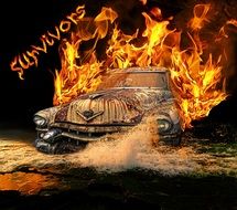 Old car in the flames clipart