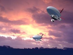 airships in the sky with purple clouds during sunset
