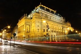 backlit theater at night in Prague