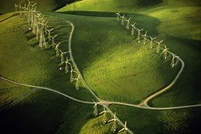 Aerial view of wind turbines on a field