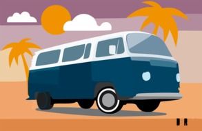 drawn voltswagen bus on a tropical beach