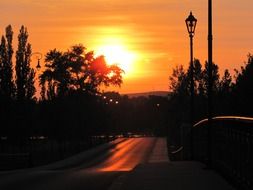 road along the streetlights in the sunset