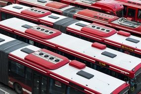 red and white buses in a parking lot