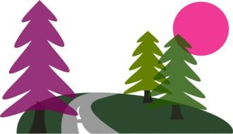 sun above trees and road, illustration