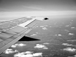 Black and white photo of the airplane's wing