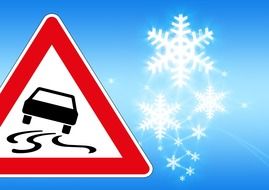 Slippery road sign on snowflakes background