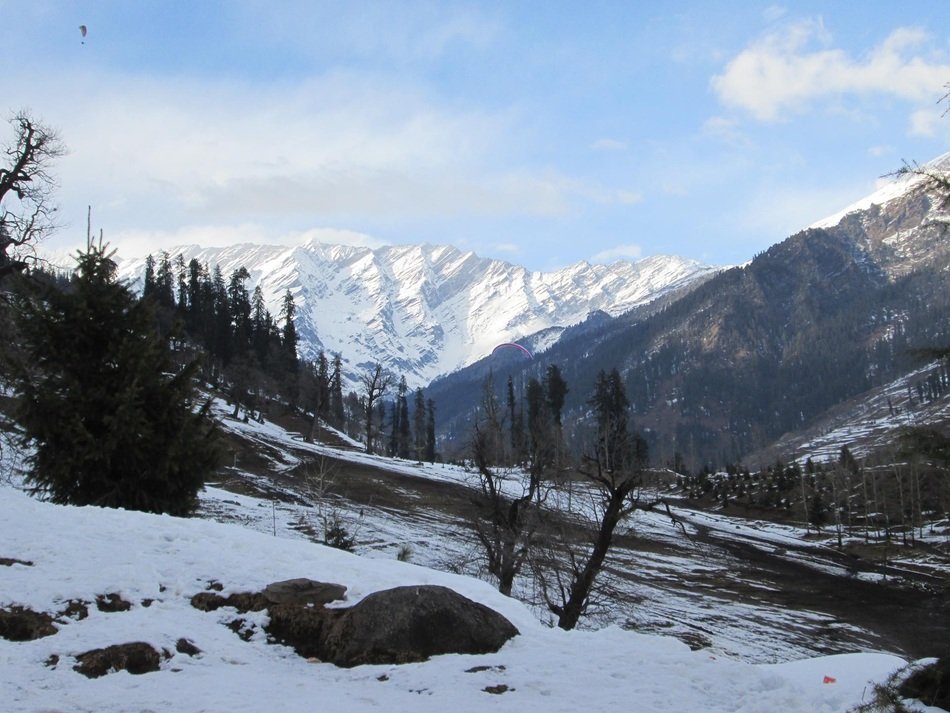 snow mountain behind the valley