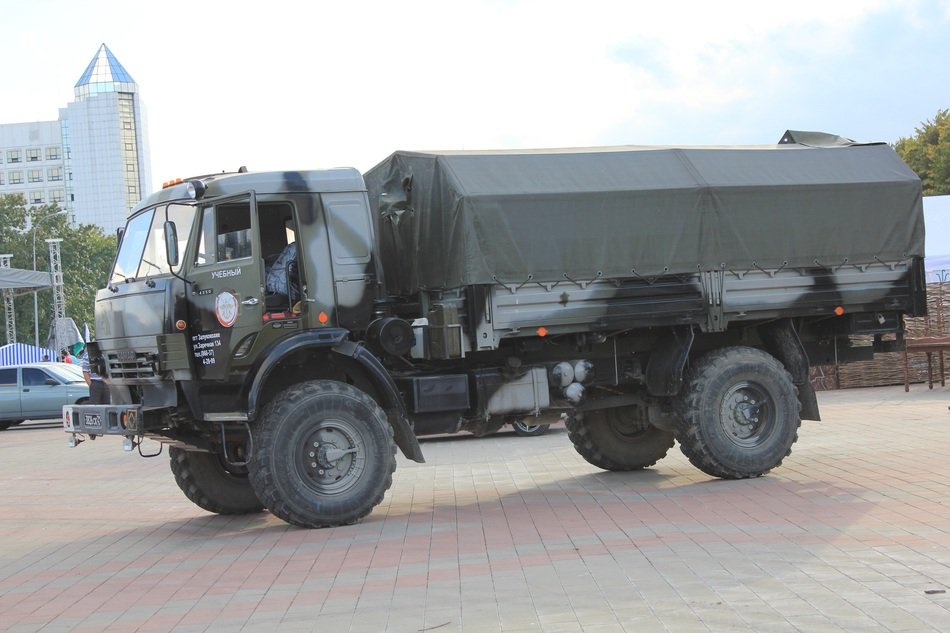 military truck in the town square