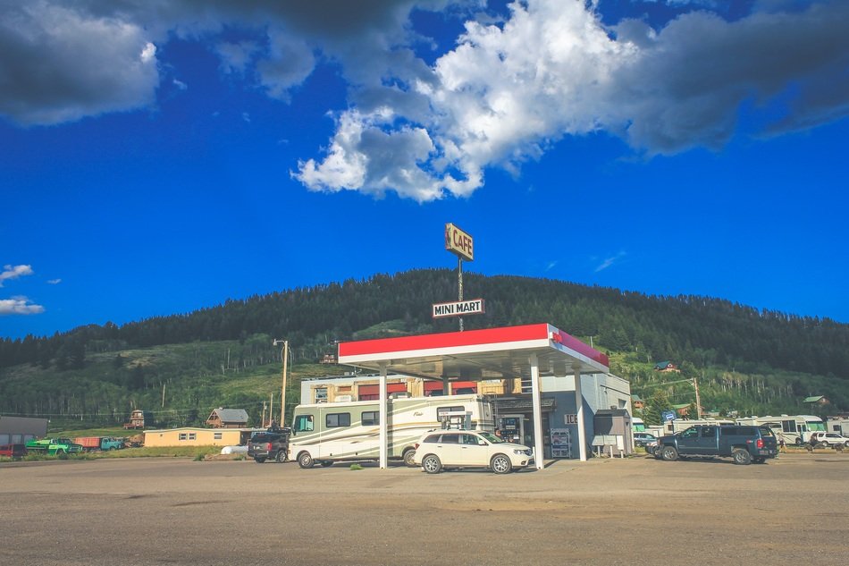 gas station on the road near the mountain