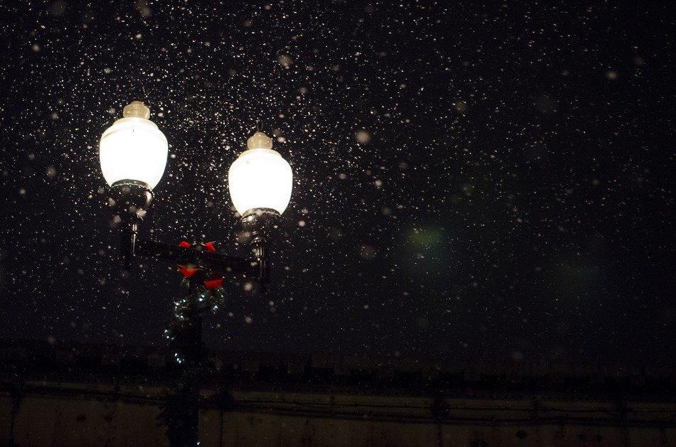 snow in the light of a street lamp