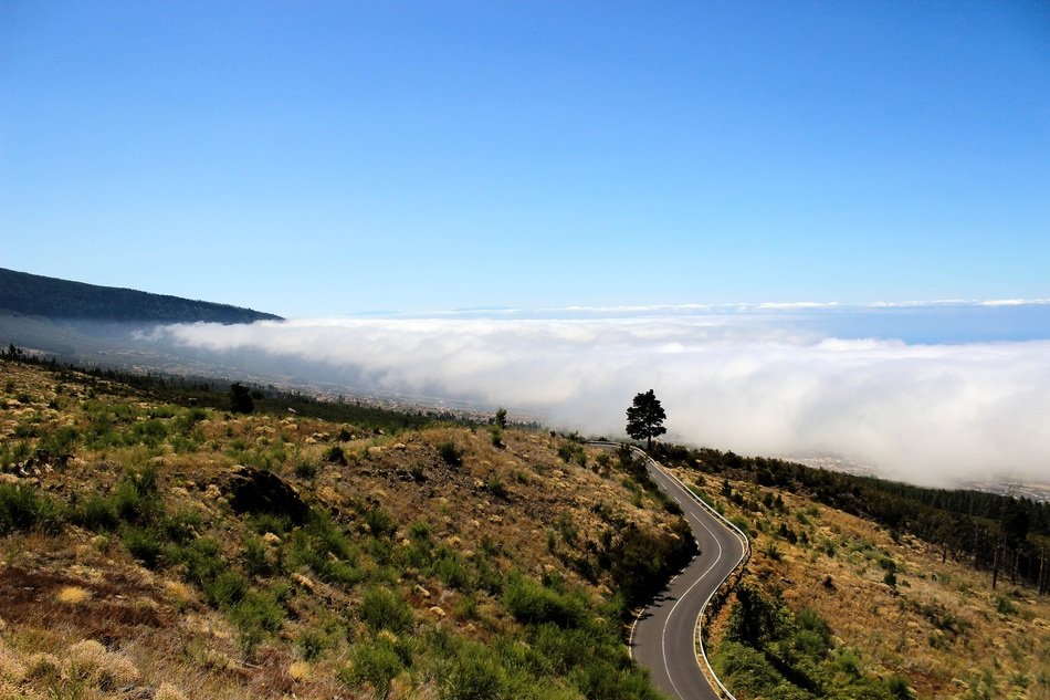 landscape of road leaving in clouds