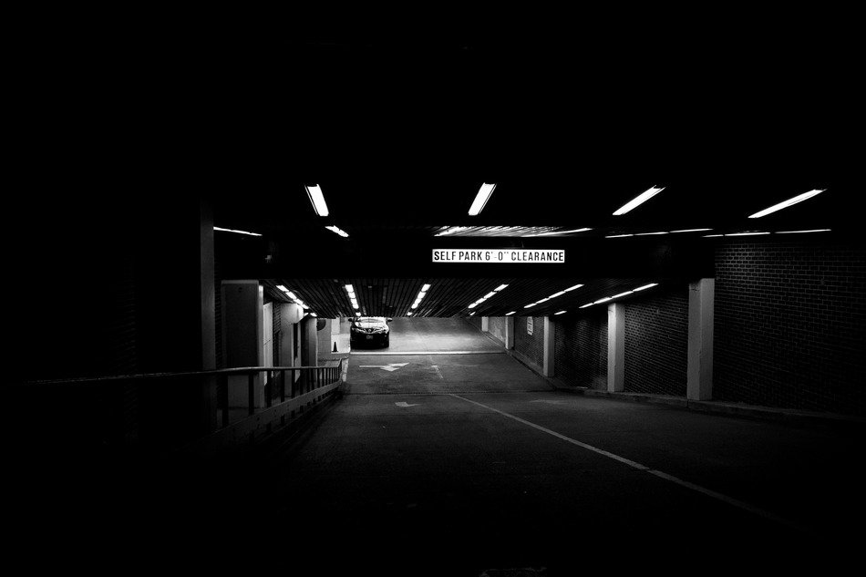 black and white picture of the parking deck