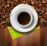 Cup of coffee beans and napkin on wooden background