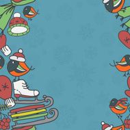 Winter seamless border with bullfinches and sleds mittens cap skates