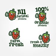 Farm fresh badges and cartoon strawberry character