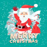 Waving Santa Claus iside the Christmas wreath with sack