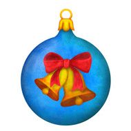 Watercolor Christmas ball with bells and bow isolated