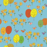Abstract seamless autumn pattern with birds trees sunflowers