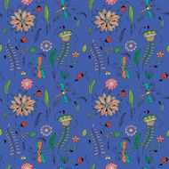 floral pattern with colorful blooming flowers and flying dragonfly N2
