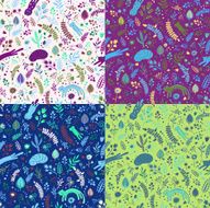 Seamless pattern with floral elements and cartoon cats