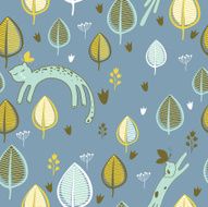 Seamless pattern with floral elements and cartoon cats N2