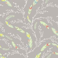 Seamless pattern with feathers and leaves