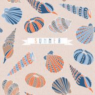 Seamless pattern with orange and blue seashells on beige background