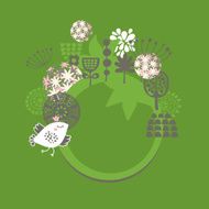 Round banner with bird in crown and flowers N2