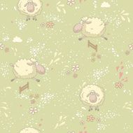 Seamless pattern with cute sheep in field