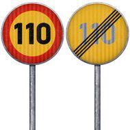 Two yellow and red maximum speed limit 110 road signs