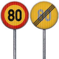 Two yellow and red maximum speed limit 80 road signs