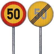Two yellow and red maximum speed limit 50 road signs