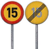 Two yellow and red maximum speed limit 15 road signs