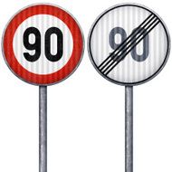 Two red and white maximum speed limit 90 road signs