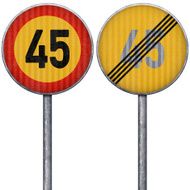 Two yellow and red maximum speed limit 45 road signs