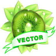 Vector image kiwi with leaves drops and ribbon