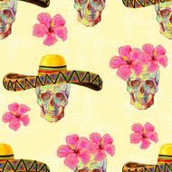 Seamless Mexican pattern with skulls sombrero and hibiscus flowers